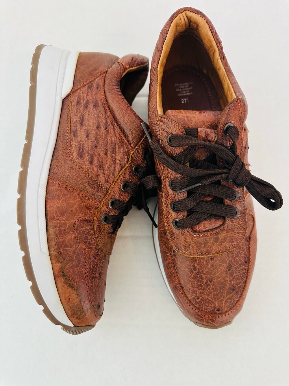Artisan Ostrich & Cowhide Leather Sneakers Cognac Brown Size US 9.5/Mex 27.5